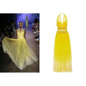 Naeem Khan Gown Yellow Tulle Crystal Halter US 10 – Runway Spring 2018